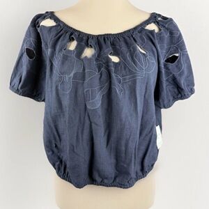 NWT Cynthia Rowley Women's Top 2X Off Shoulder Blue Floral Cut Out Linen Blend